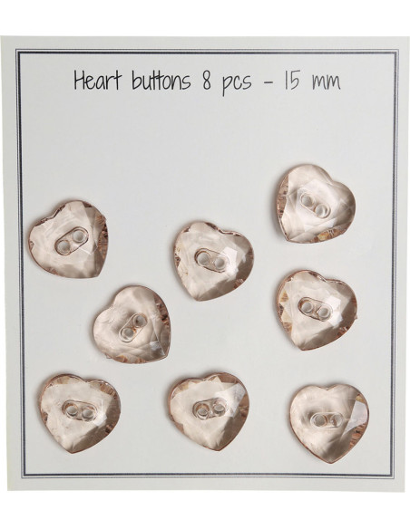 Confezione di 8 bottoni a forma di cuore trasparenti beige 15 mm