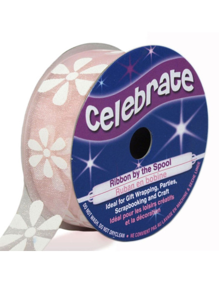Nastro organza Celebrate rosa e fiori - 15 mm x 3,5 m