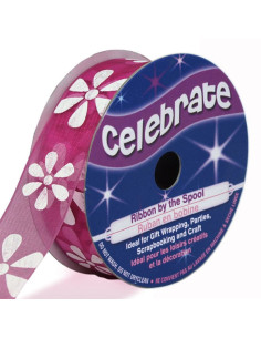 Nastro organza Celebrate fucsia e fiori - 15 mm x 3,5 m