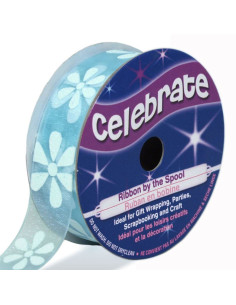 Nastro organza Celebrate azzurro cielo e fiori - 15 mm x 3,5 m