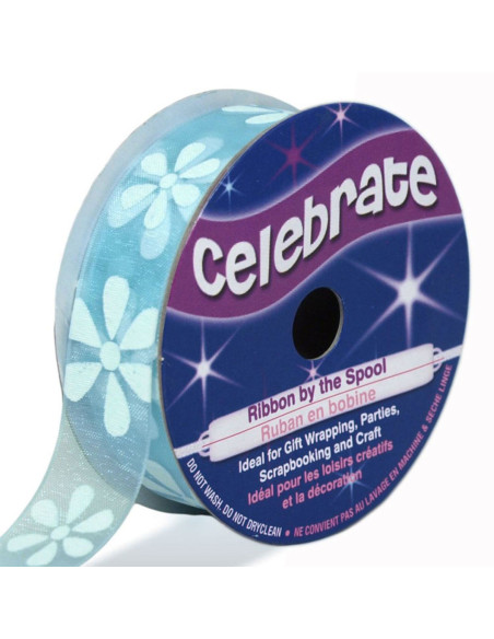 Nastro organza Celebrate azzurro cielo e fiori - 15 mm x 3,5 m