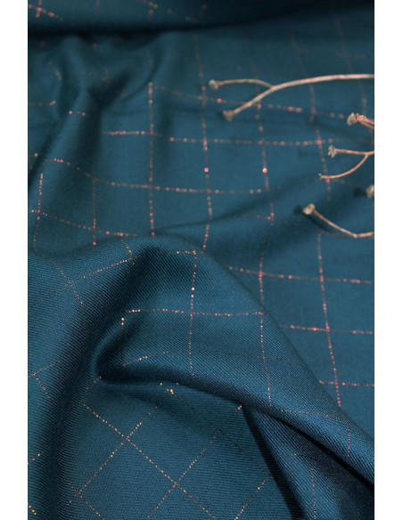 Tessuto twill di viscosa a quadri blu petrolio lurex rame - Églantine & Zoé