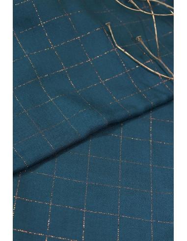 Tessuto twill di viscosa a quadri blu petrolio lurex rame - Églantine & Zoé
