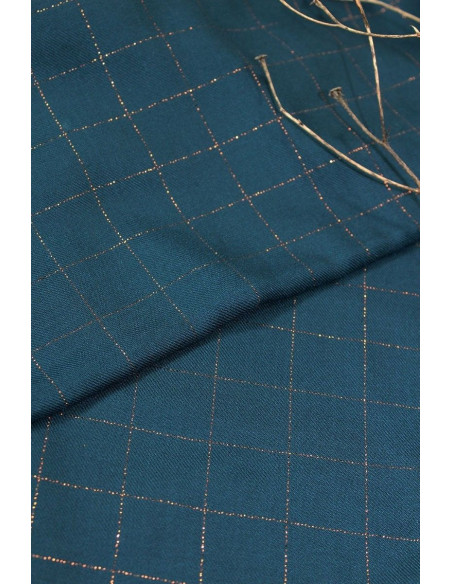Tessuto twill di viscosa a quadri blu petrolio lurex rame - Églantine & Zoé