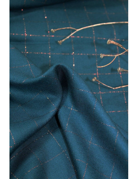 Tessuto twill di viscosa a quadri blu petrolio lurex rame - Églantine & Zoé