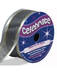 Nastro organza Celebrate argento bordato oro - 25 mm x 4 m