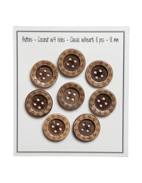 Confezione di 8 bottoni in cocco a forma di cuore 18 mm