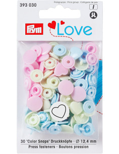 Set di 30 bottoni a pressione Color Snaps Cuori 12,4 mm - Rosa, verde limone e azzurro
