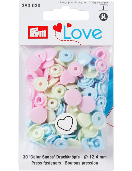 Set di 30 bottoni a pressione Color Snaps Cuori 12,4 mm - Rosa, verde limone e azzurro