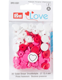 Set di 30 bottoni a pressione Color Snaps Cuori 12,4 mm - Rosso, bianco e fucsia