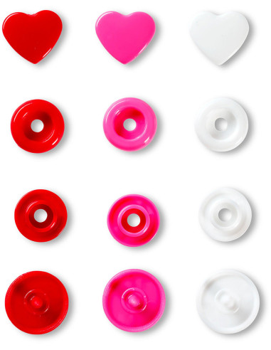 Set di 30 bottoni a pressione Color Snaps Cuori 12,4 mm - Rosso, bianco e fucsia