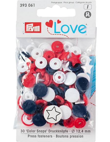 Set di 30 bottoni a pressione Color Snaps Stelle 12,4 mm - Rosso, bianco e blu navy