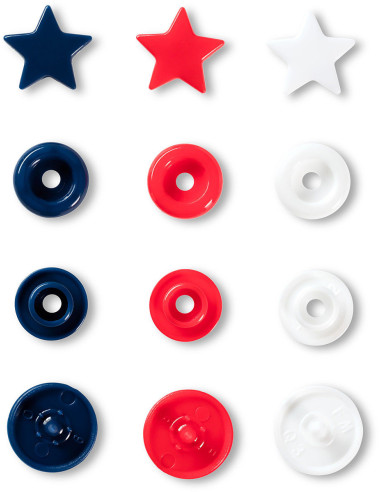 Set di 30 bottoni a pressione Color Snaps Stelle 12,4 mm - Rosso, bianco e blu navy