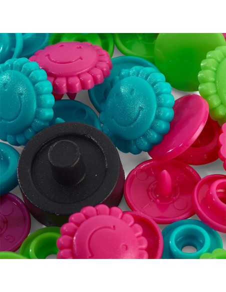 Set di 21 bottoni a pressione Color Snaps Fiori 13,6 mm - Turchese, verde e fucsia