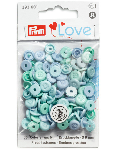 Set di 36 bottoni a pressione Color Snaps Mini 9 mm Optique - Menta, verde acqua e blu