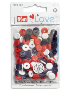 Set di 36 bottoni a pressione Color Snaps Mini 9 mm Optique - Blu, bianco e rosso
