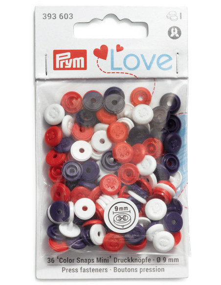 Set di 36 bottoni a pressione Color Snaps Mini 9 mm Optique - Blu, bianco e rosso