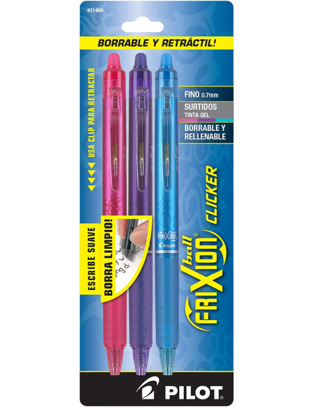 Set di 3 penne roller Pilot FriXion Ball Clicker - Fucsia, viola e turchese