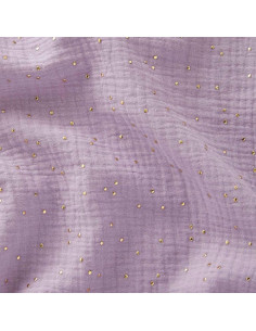 Tessuto doppia garza di cotone con mini pois dorati - Lilla chiaro