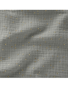 Tessuto doppia garza di cotone con mini pois dorati - Verde grigio
