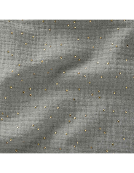 Tessuto doppia garza di cotone con mini pois dorati - Verde grigio