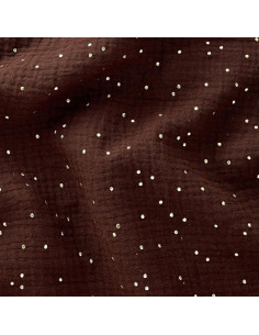 Tessuto doppia garza di cotone con mini pois dorati - Marrone scuro