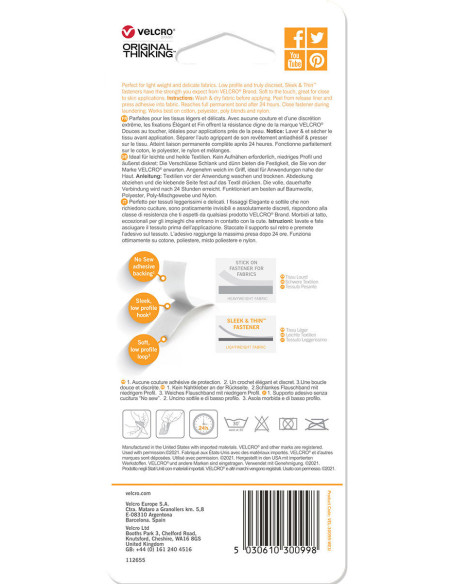 VELCRO® Brand Sleek & Thin adesivo per tessuti 19mm x 60cm Bianco