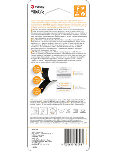 VELCRO® Brand Sleek & Thin adesivo per tessuti 19mm x 60cm Nero