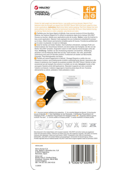 VELCRO® Brand Sleek & Thin adesivo per tessuti 19mm x 60cm Nero