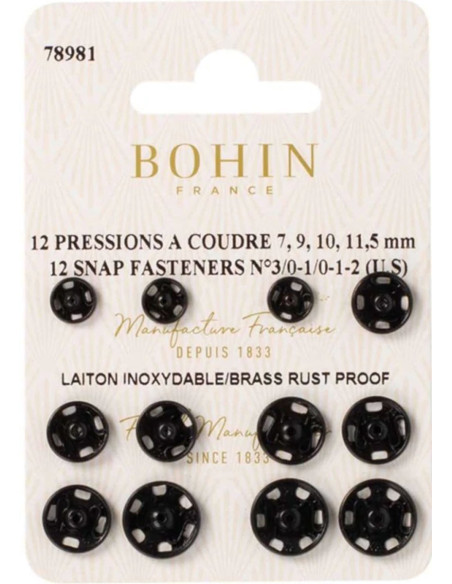Assortimento di bottoni a pressione da cucire 4 misure Bohin - Nero