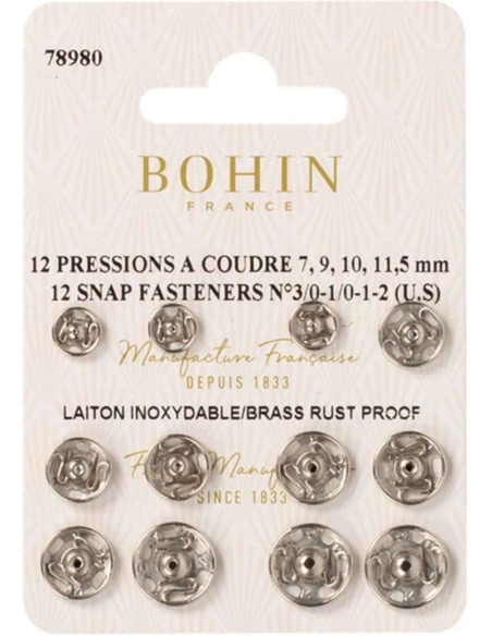 Assortimento di bottoni a pressione da cucire 4 misure Bohin - Argento