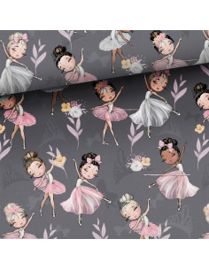 Tessuto cotone premium - Piccole ballerine sfondo grigio