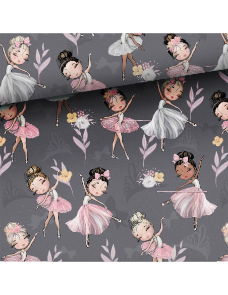 Tessuto cotone premium - Piccole ballerine sfondo grigio