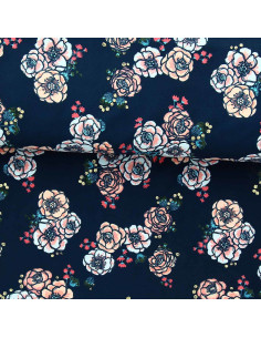 Tessuto lycra costume da bagno - Fiori su sfondo blu marino