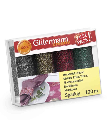 Set di 4 fili da cucito Gütermann Sparkly - Argento, oro, rosso e verde