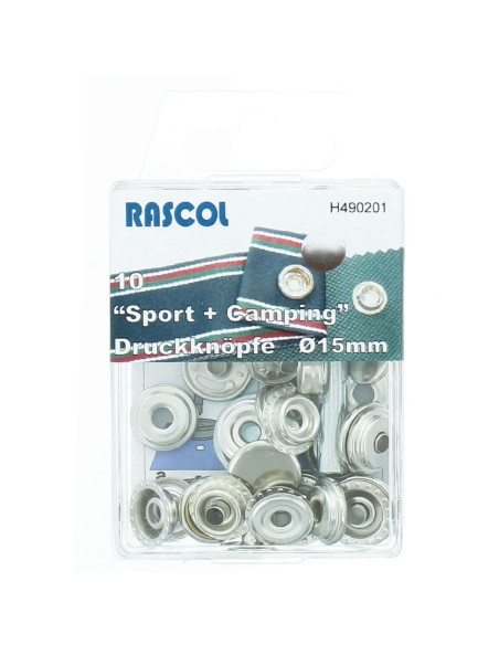 Scatola di 10 bottoni a pressione sport camping Rascol - 15 mm argento