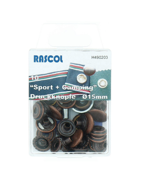 Scatola di 10 bottoni a pressione sportivi per campeggio Rascol - 15 mm rame