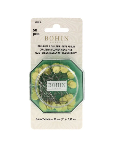 Scatola di 50 spilli da quilt con testa a fiore giallo in plastica Bohin