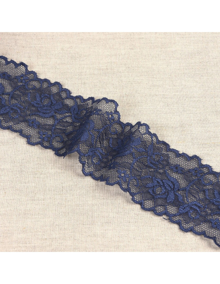 Pizzo elastico fiori e steli - Blu marino