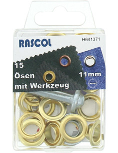 Scatola di 15 occhielli 11 mm con attrezzo di montaggio Rascol - Oro