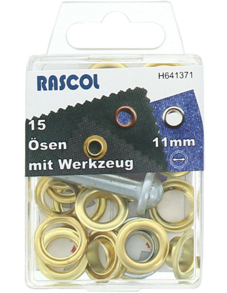 Scatola di 15 occhielli 11 mm con attrezzo di montaggio Rascol - Oro