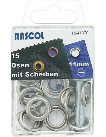 Scatola di 15 occhielli da 11 mm con strumento di applicazione Rascol - Argento