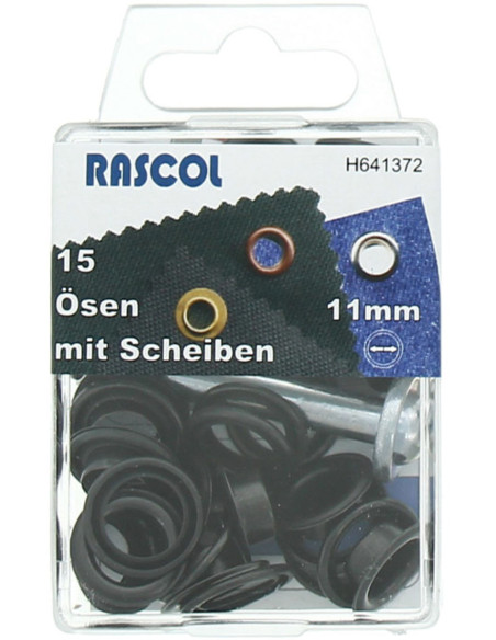 Scatola di 15 occhielli 11 mm con attrezzo di montaggio Rascol - Nero
