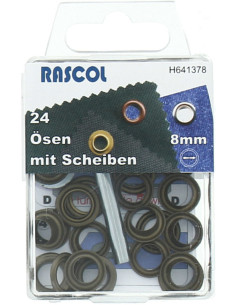 Scatola 24 occhielli 8 mm con strumento di fissaggio Rascol - Ottone antico