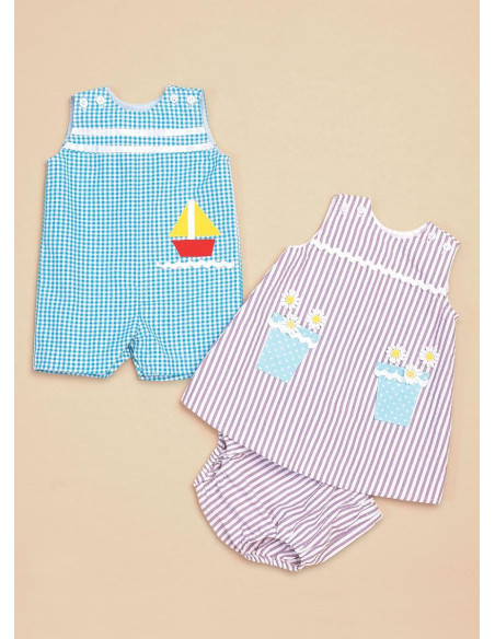 Modello di salopette, abito e pantaloncini per neonati - Butterick 6905