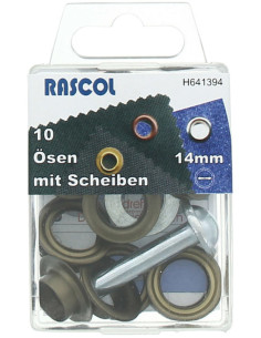 Scatola 10 occhielli 14 mm con strumento di fissaggio Rascol - Ottone antico