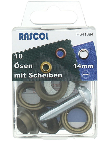 Scatola 10 occhielli 14 mm con strumento di fissaggio Rascol - Ottone antico