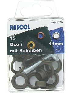 Scatola di 15 occhielli da 11 mm con strumento di applicazione Rascol - Ottone antico