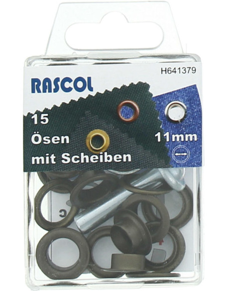 Scatola di 15 occhielli da 11 mm con strumento di applicazione Rascol - Ottone antico