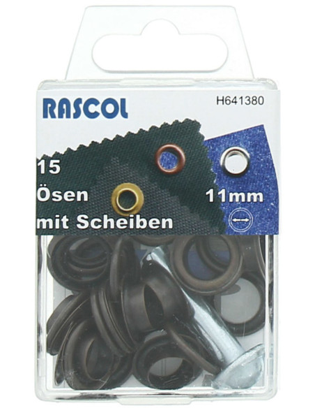 Scatola di 15 occhielli 11 mm con attrezzo di montaggio Rascol - Rame